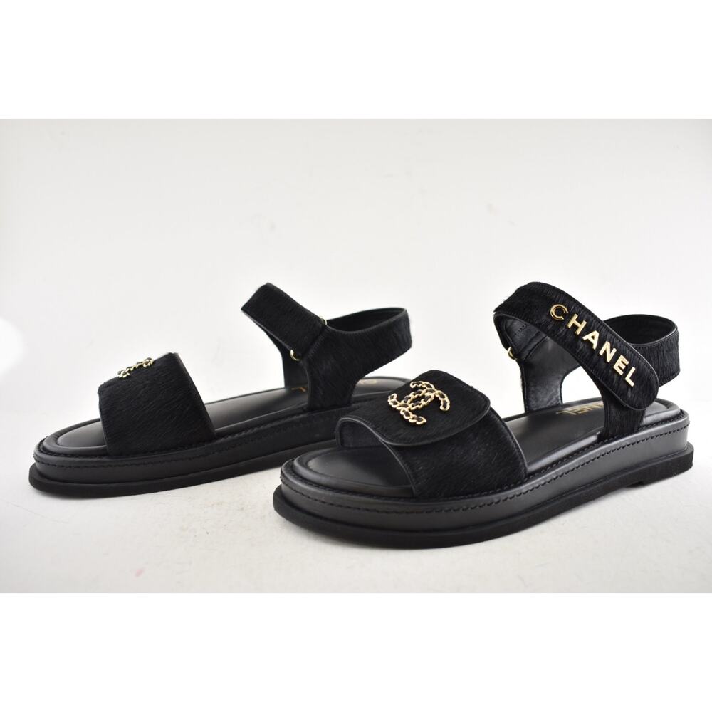 Chanel 24B Black Calf Hair Gold CC Logo Mule Slide Strap Flat Teva Dad Sandal 41 - Picture 14 of 16